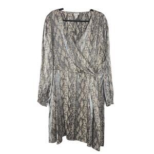 Ava & Viv Dress Womens 2X Shimmer Brown Snake Print Faux Wrap Long Sleeve V Neck